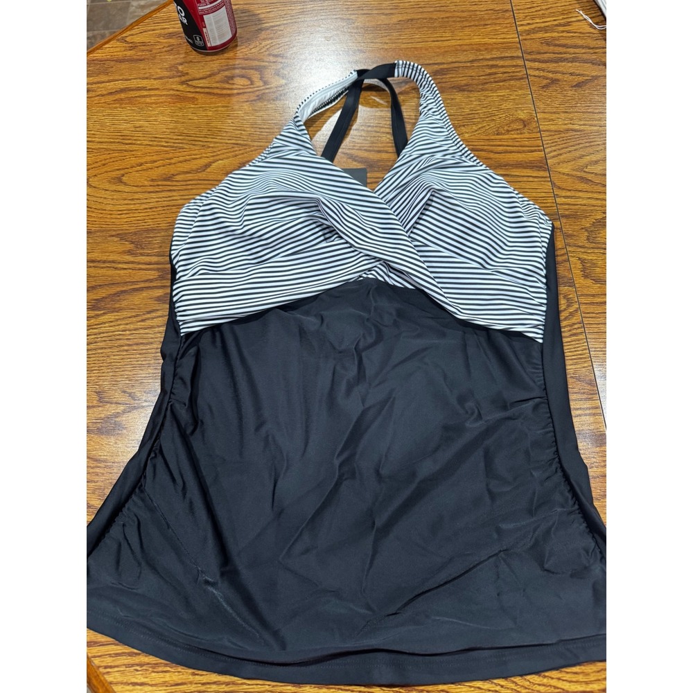 Tempt Me Womens Tankini Swim Top Black White Striped Twist Front Halter Size L